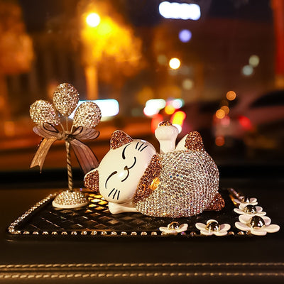 Cartoon Diamond Car Ornament Sleeping Lazy Cat Set Auto Dashboard Interior Decoration Crystal Solar