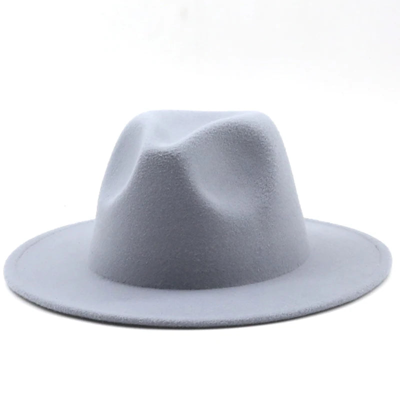 Wide Brim Fedora Hat For Women Solid Color Wool Felt Hat For Men Autumn Winter Panama Gamble white Jazz Cap
