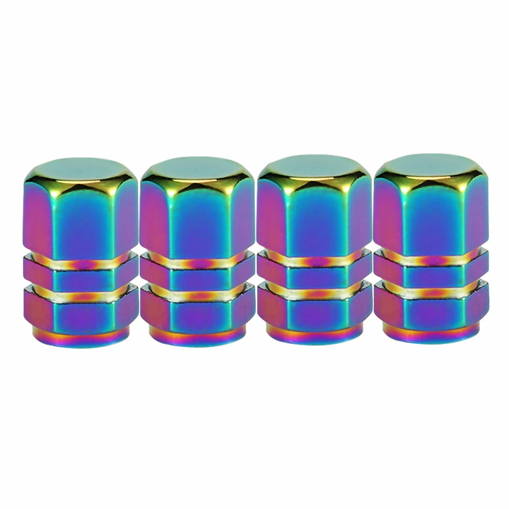 Set of six multicolored metal hex nuts on a white background