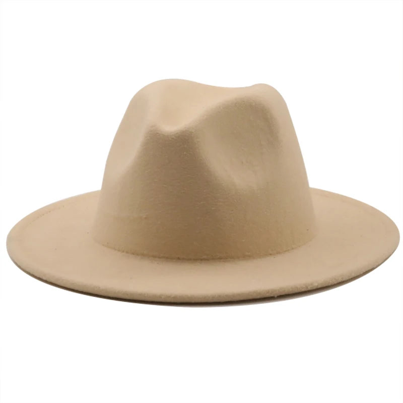 Wide Brim Fedora Hat For Women Solid Color Wool Felt Hat For Men Autumn Winter Panama Gamble white Jazz Cap