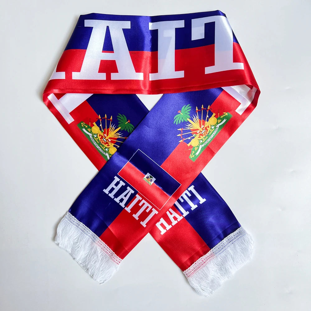 2026 Flag Scarf14x135cm Double-sided Printed Satin Haiti Flag Scarf Tassels Suitable for Football, Sports