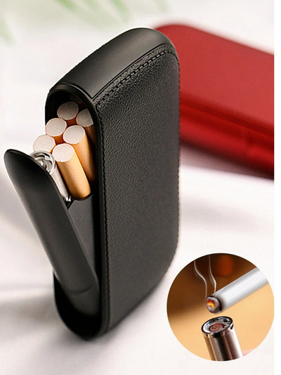 Leather Cigarette Case with USB Tungsten Electronic Lighter Cigarette Case Men's Exquisite Gift Cigarette Tool