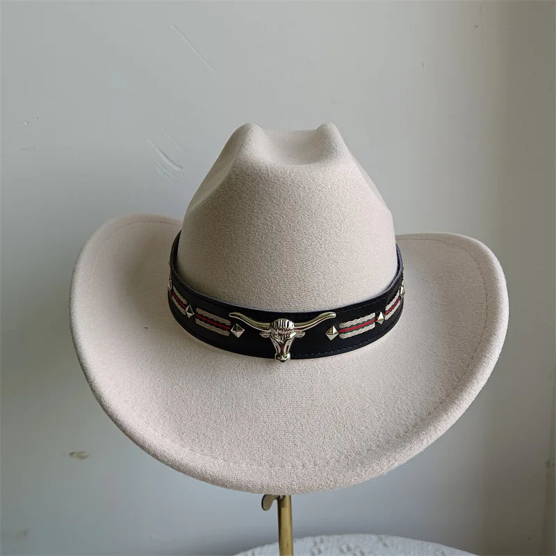 Cowboy Hat Fashion Chic Unisex Solid Color Jazz Hat With Bull Shaped Decor Western Cowboy Hats