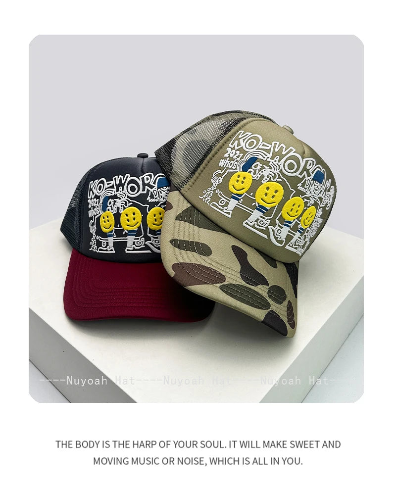 3D Printed Letter Smiling Face Baseball Hats Color Block Sunshade Hip Hop Breathable Trucker Caps Mesh