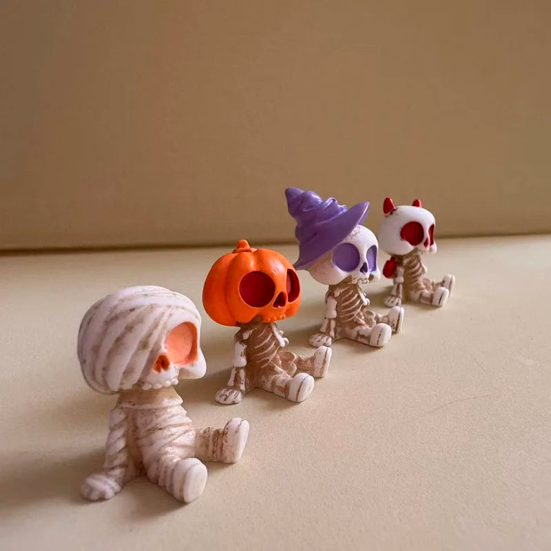 Halloween Mini Figurines Set 4Pcs Spooky Resin Decor with Pumpkins Ghosts Skulls