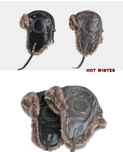 Hat Men Women's Pilot Aviator Bomber Trapper Hat Faux Fur Leather Snow Cap with Ear Flaps Pilot Winter Bomber Hat