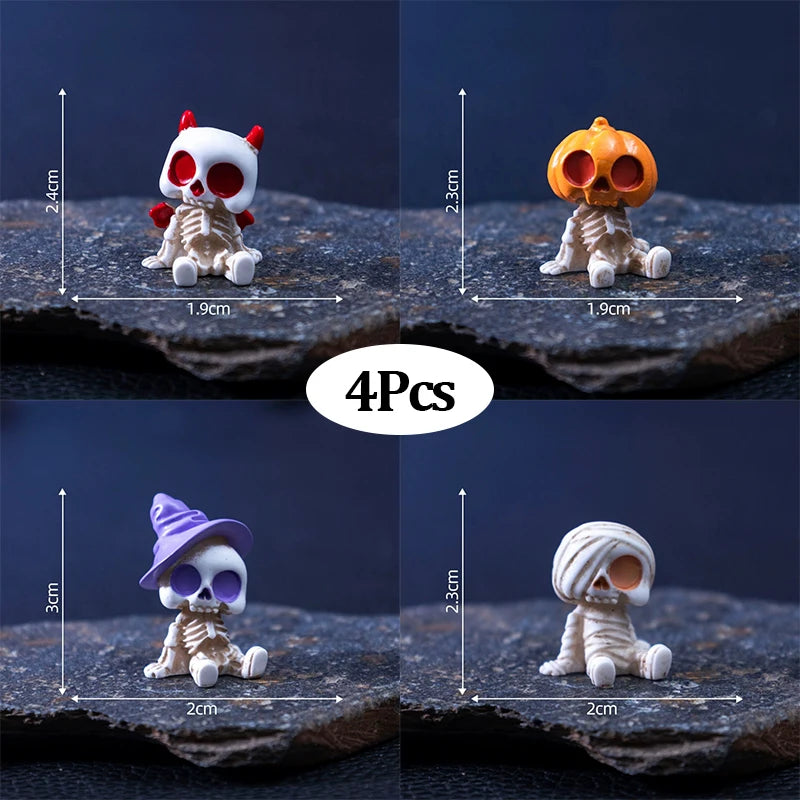 Halloween Mini Figurines Set 4Pcs Spooky Resin Decor with Pumpkins Ghosts Skulls