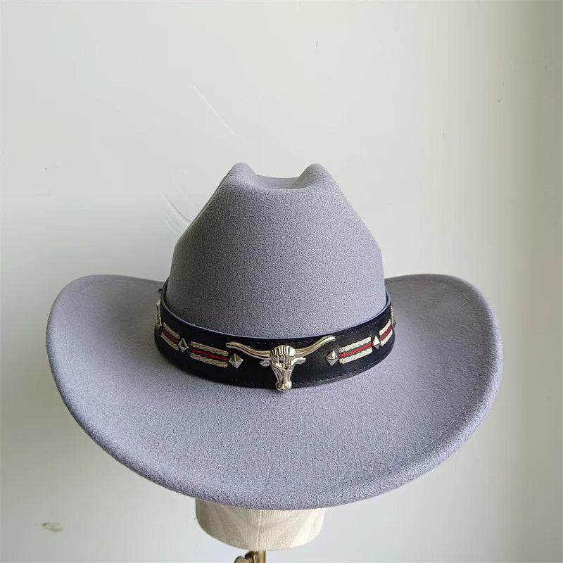Cowboy Hat Fashion Chic Unisex Solid Color Jazz Hat With Bull Shaped Decor Western Cowboy Hats