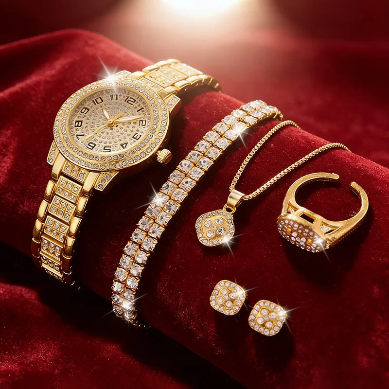 Gold Watch Fashion Ladies Quartz Diamond Wristwatch Elegant Female Bracelet Watches Set Reloj Mujer