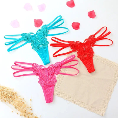 G-string Double Thin Straps Panties Lace Hollowed High Slit Thongs Butterfly Fun Underwear T-back Underpants