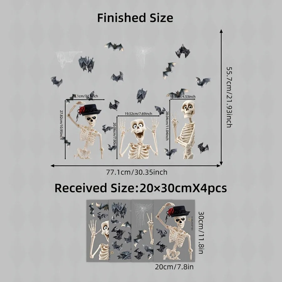 4 pieces / set. Fun and scary skull bat Halloween static cling window stickers.