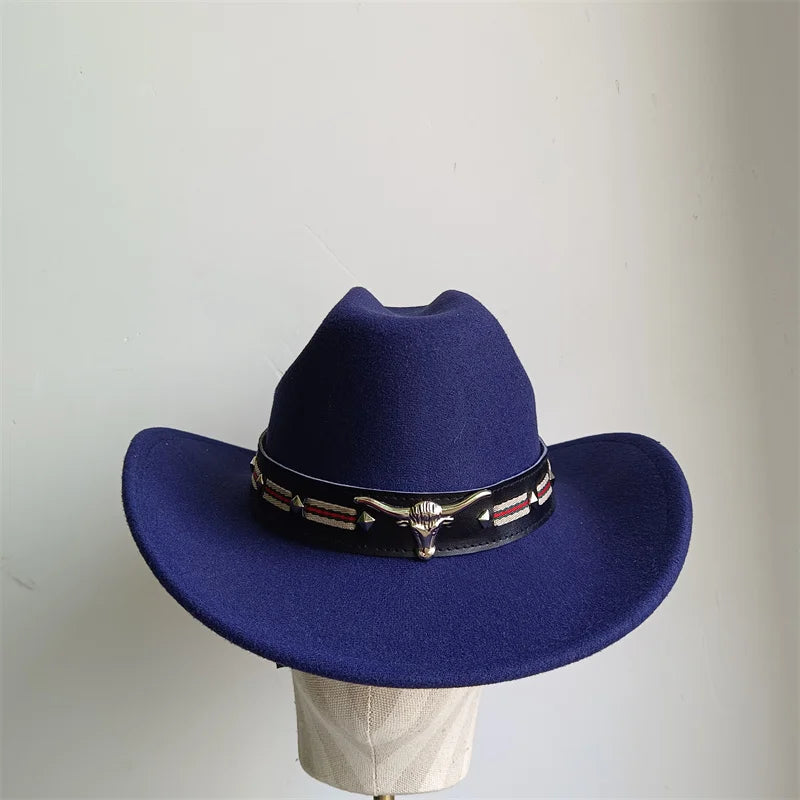 Cowboy Hat Fashion Chic Unisex Solid Color Jazz Hat With Bull Shaped Decor Western Cowboy Hats