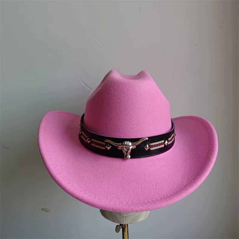 Cowboy Hat Fashion Chic Unisex Solid Color Jazz Hat With Bull Shaped Decor Western Cowboy Hats