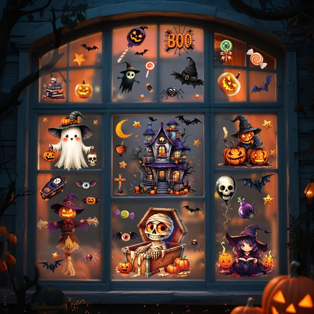 Halloween Window Sticker Set- PVC Static Cling Halloween Decals with Castle Bats Witch Pumpkins