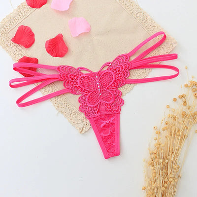 G-string Double Thin Straps Panties Lace Hollowed High Slit Thongs Butterfly Fun Underwear T-back Underpants