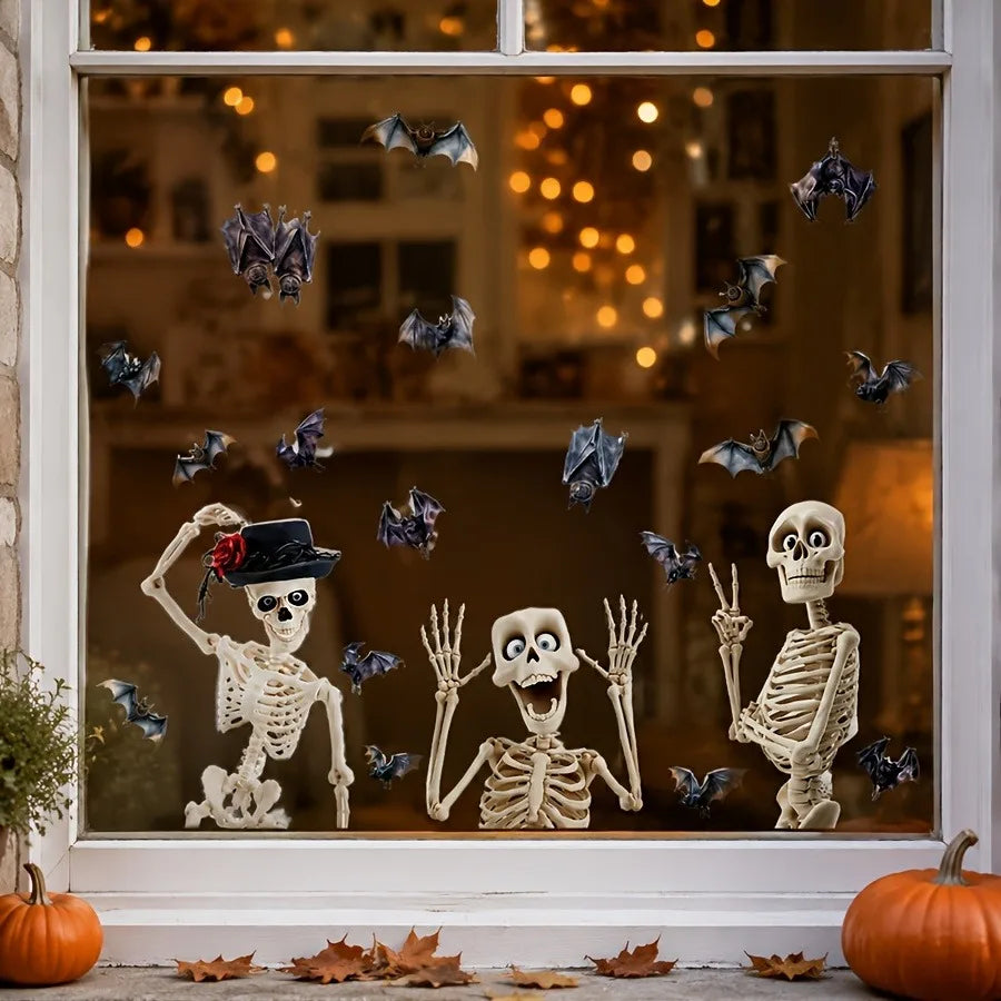 4 pieces / set. Fun and scary skull bat Halloween static cling window stickers.