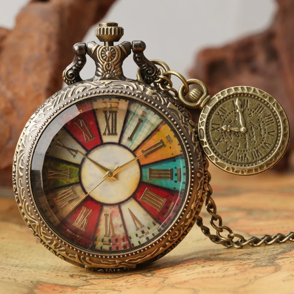Roman Numeral Glass Colorful Dial Pocket Watch With Roman Label Necklace Pendant Quartz Clock Gift Men and Women