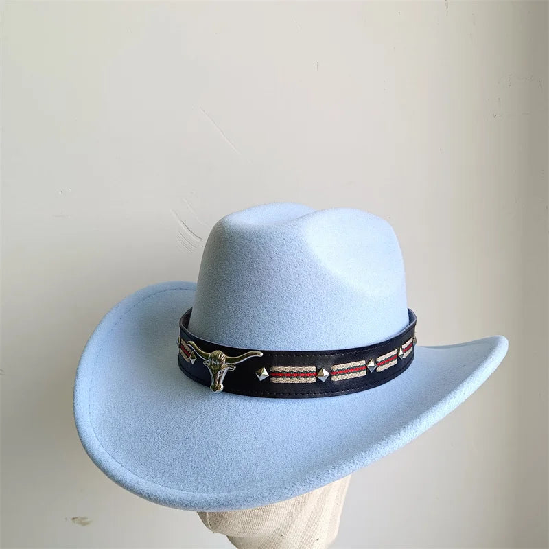 Cowboy Hat Fashion Chic Unisex Solid Color Jazz Hat With Bull Shaped Decor Western Cowboy Hats