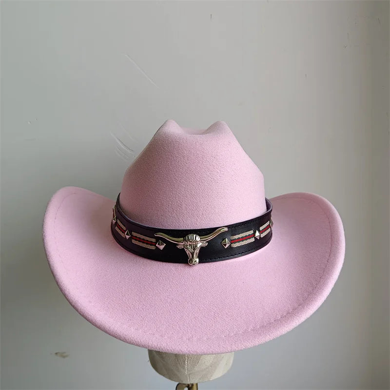 Cowboy Hat Fashion Chic Unisex Solid Color Jazz Hat With Bull Shaped Decor Western Cowboy Hats