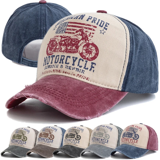 Motorcycle Printing Baseball Cap Vintage Color Block Washed Cap Adjustable Dad Hats for Women Men