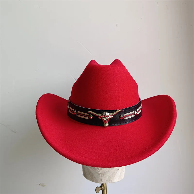 Cowboy Hat Fashion Chic Unisex Solid Color Jazz Hat With Bull Shaped Decor Western Cowboy Hats