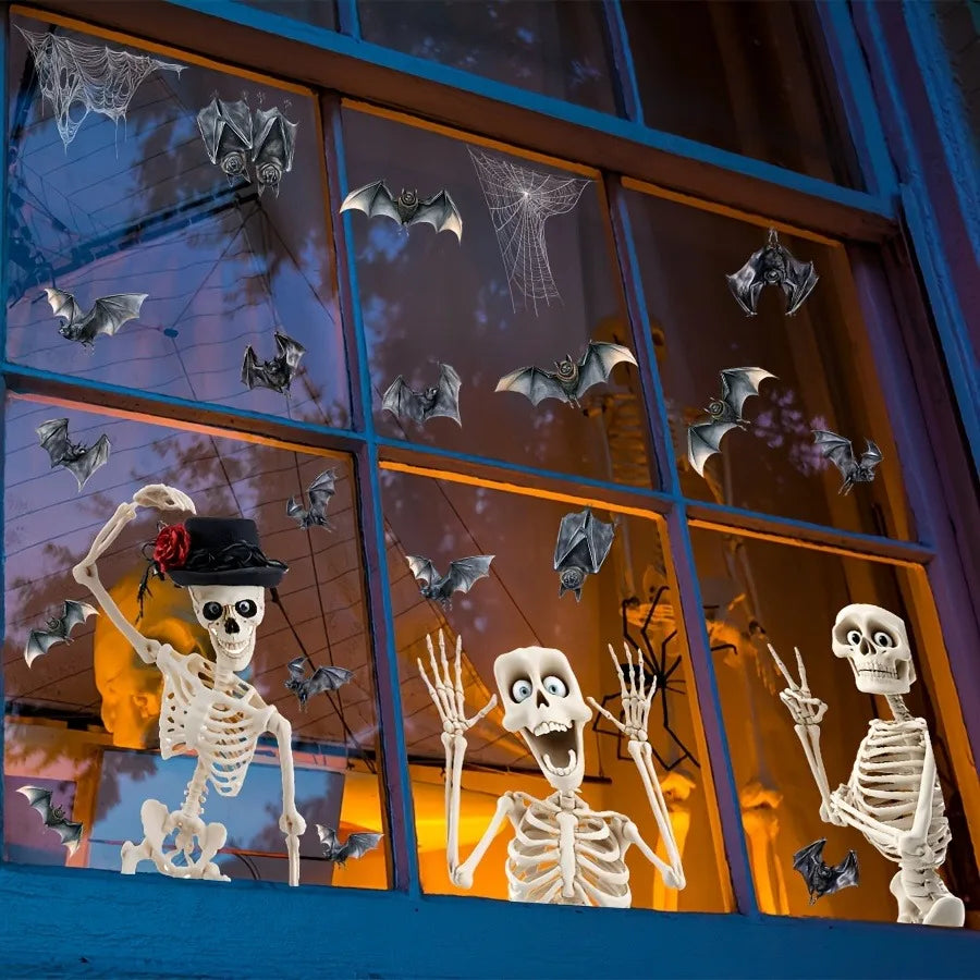 4 pieces / set. Fun and scary skull bat Halloween static cling window stickers.