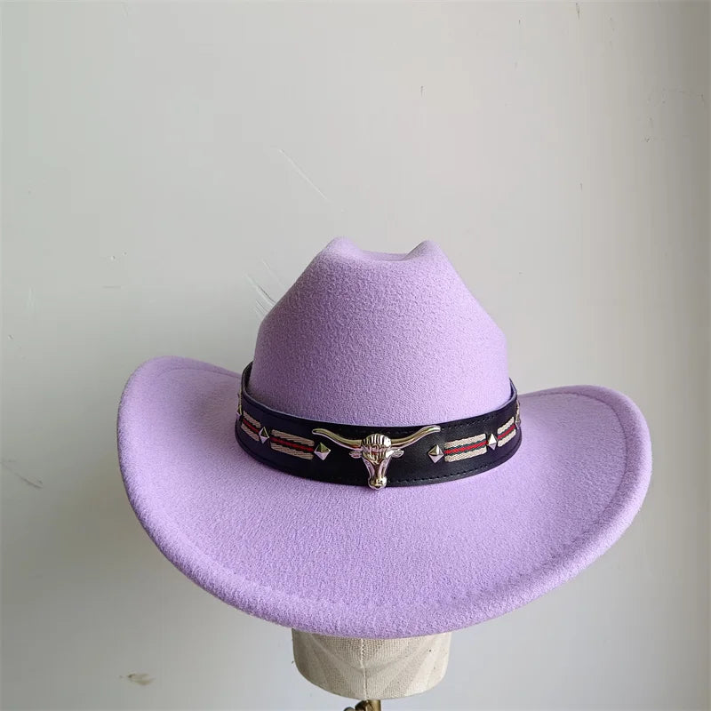 Cowboy Hat Fashion Chic Unisex Solid Color Jazz Hat With Bull Shaped Decor Western Cowboy Hats