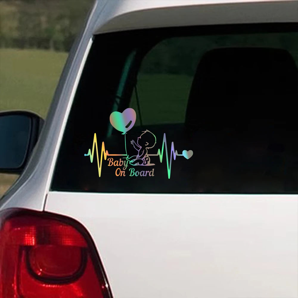 Car Reflective Stickers Heartbeat Balloon Baby On Board Vinyl Cartoon Fashion Decal Auto Kids Warning Sign Stickers Decoration