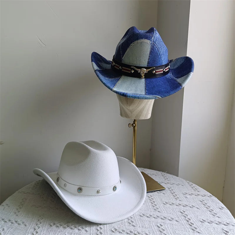 Cowboy Hat Fashion Chic Unisex Solid Color Jazz Hat With Bull Shaped Decor Western Cowboy Hats