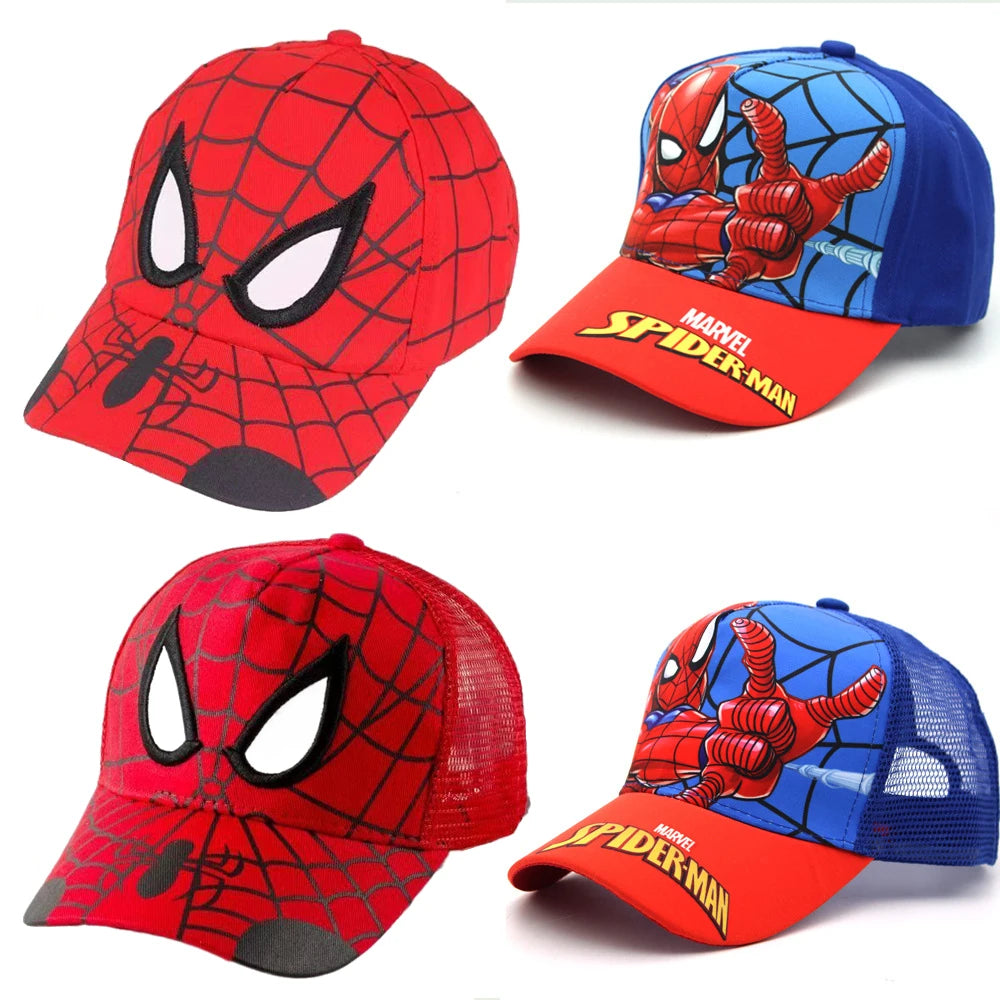 Two Spider-Man themed baseball caps on a white background