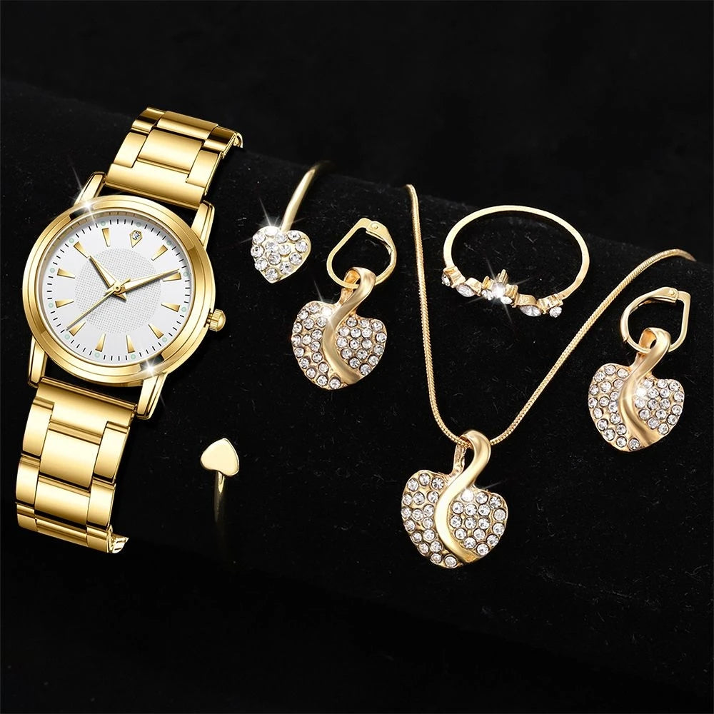 Quartz Watch Gold Luxury Women Ring Necklace Earring Rhinestone Fashion Wristwatch Casual Ladies Watches Jewelry Set ﻿
