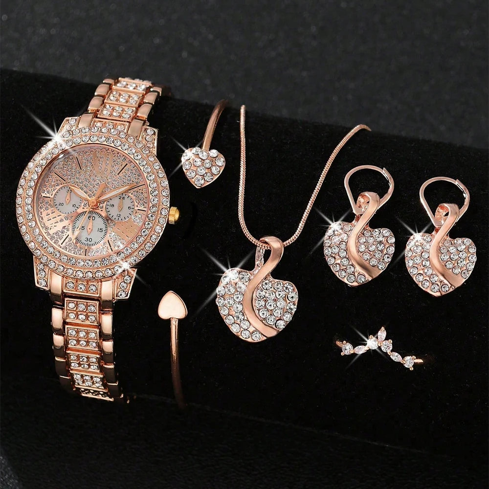 Quartz Watch Gold Luxury Women Ring Necklace Earring Rhinestone Fashion Wristwatch Casual Ladies Watches Jewelry Set ﻿