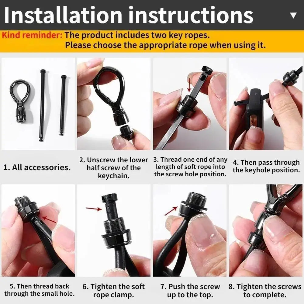 Step-by-step installation instructions for a keychain accessory with text reminder.