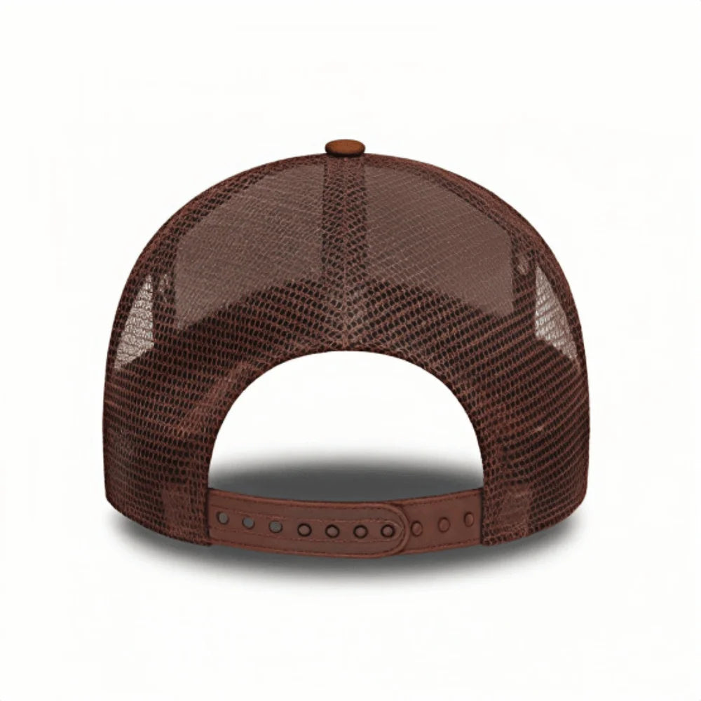 Brown mesh cap with leather brim on a white background