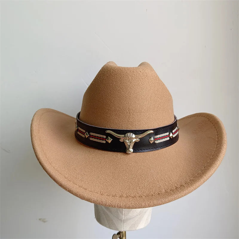 Cowboy Hat Fashion Chic Unisex Solid Color Jazz Hat With Bull Shaped Decor Western Cowboy Hats
