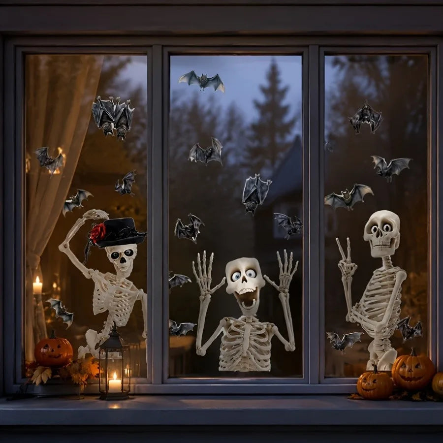 4 pieces / set. Fun and scary skull bat Halloween static cling window stickers.