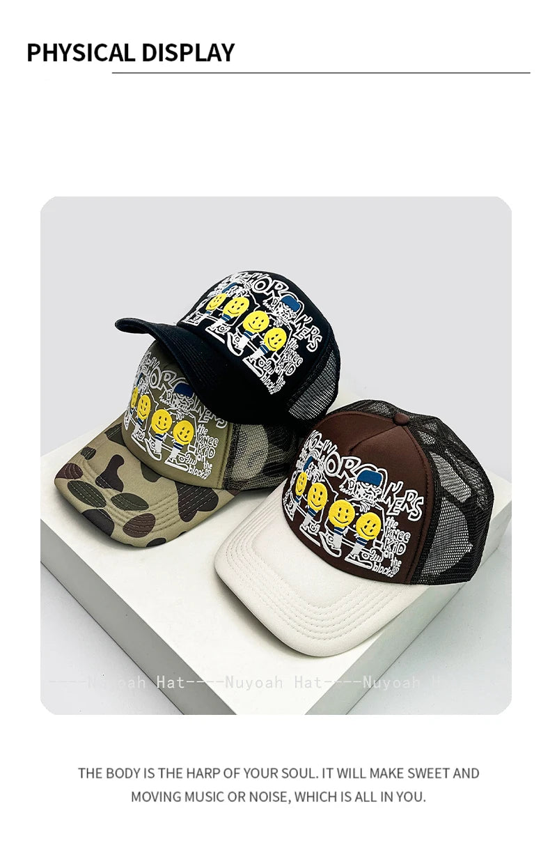 3D Printed Letter Smiling Face Baseball Hats Color Block Sunshade Hip Hop Breathable Trucker Caps Mesh
