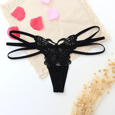 G-string Double Thin Straps Panties Lace Hollowed High Slit Thongs Butterfly Fun Underwear T-back Underpants