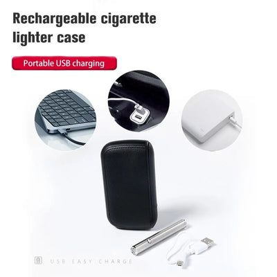 Leather Cigarette Case with USB Tungsten Electronic Lighter Cigarette Case Men's Exquisite Gift Cigarette Tool