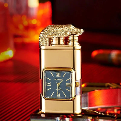 Clock Double Flame Creative Butane Gas Lighter Metal Convenient Outdoor Windproof Turbine Torch Jet Recycling Lighter