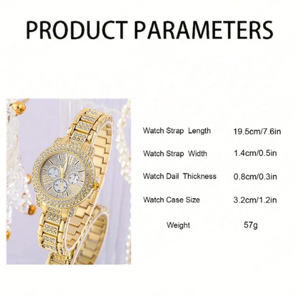 Quartz Watch Gold Luxury Women Ring Necklace Earring Rhinestone Fashion Wristwatch Casual Ladies Watches Jewelry Set ﻿