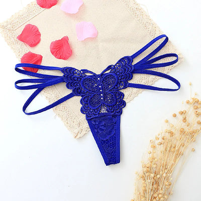 G-string Double Thin Straps Panties Lace Hollowed High Slit Thongs Butterfly Fun Underwear T-back Underpants