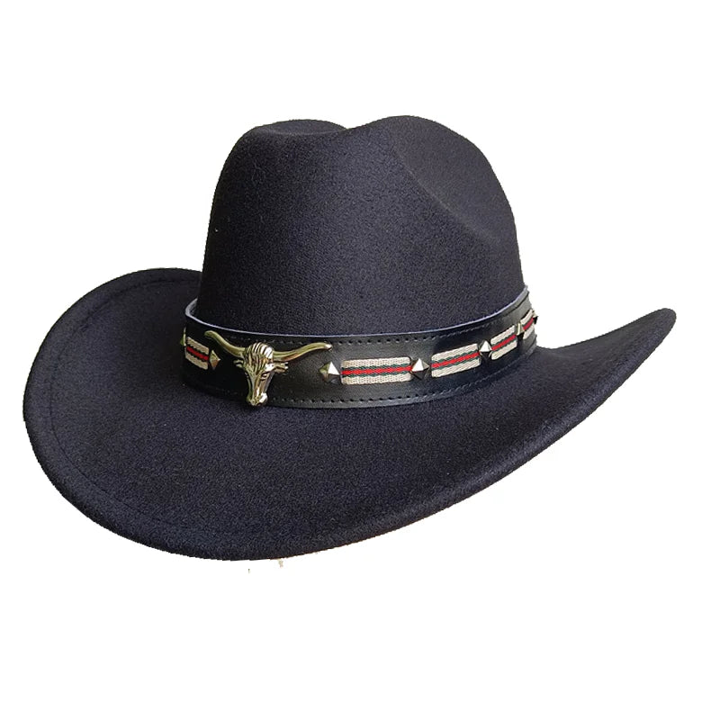 Cowboy Hat Fashion Chic Unisex Solid Color Jazz Hat With Bull Shaped Decor Western Cowboy Hats