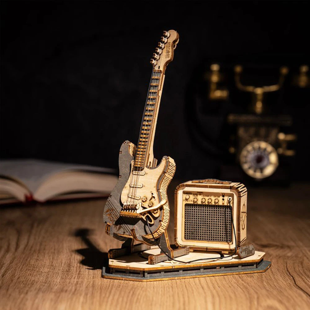 Electric Guitar 3D Wooden Puzzle for Kids Adults Assembly Creative Toys Building Block Set for Christmas Gifts