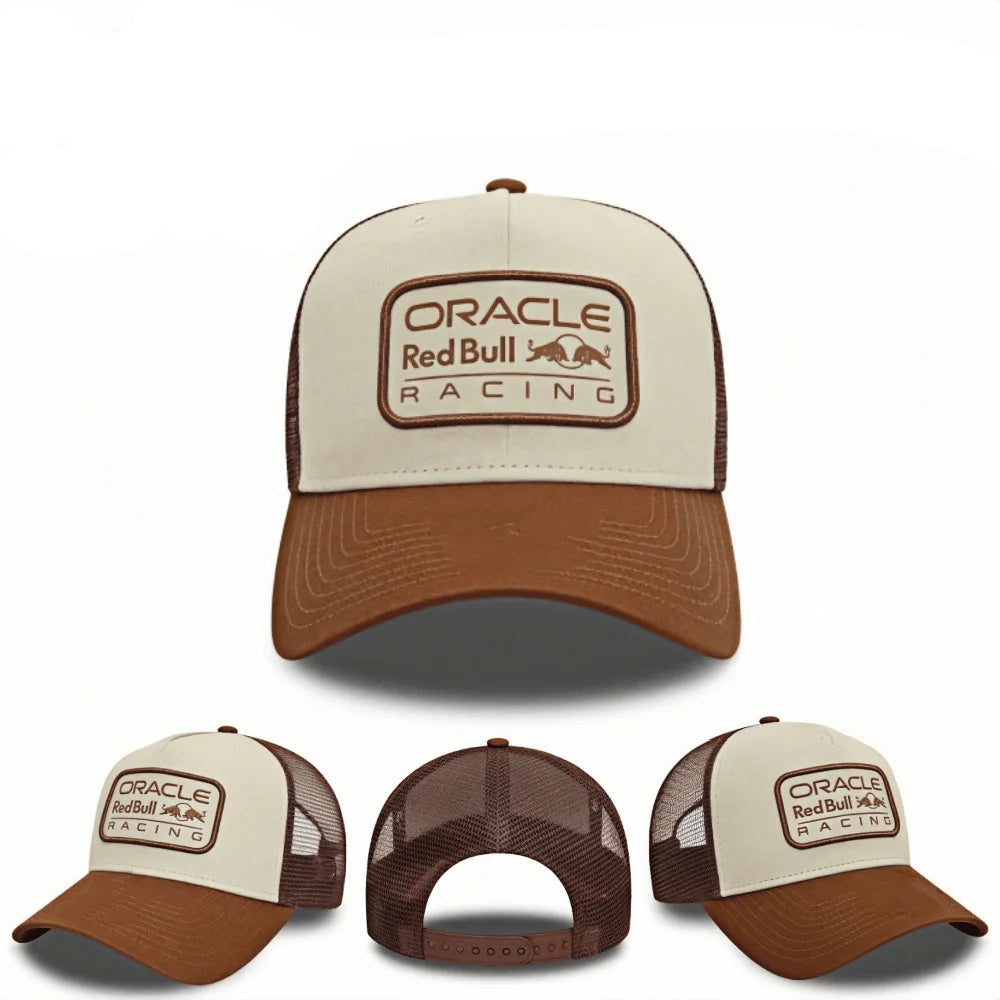 Trucker hat with Oracle Red Bull Racing logo and Red Bull logo above
