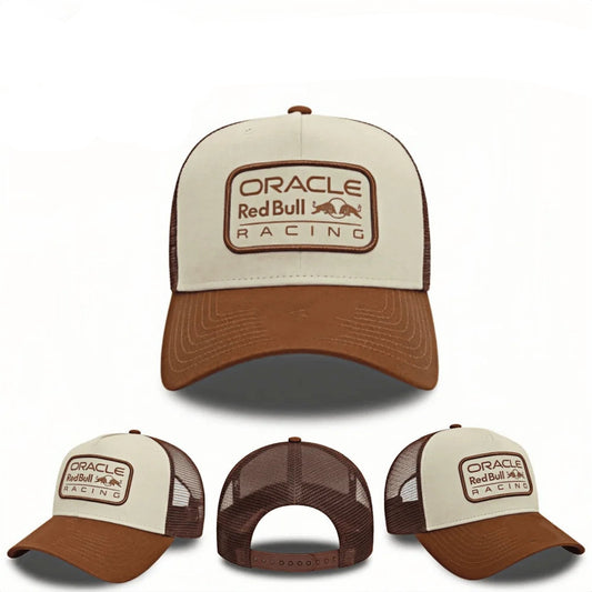Trucker hat with Oracle Red Bull Racing logo and Red Bull logo above