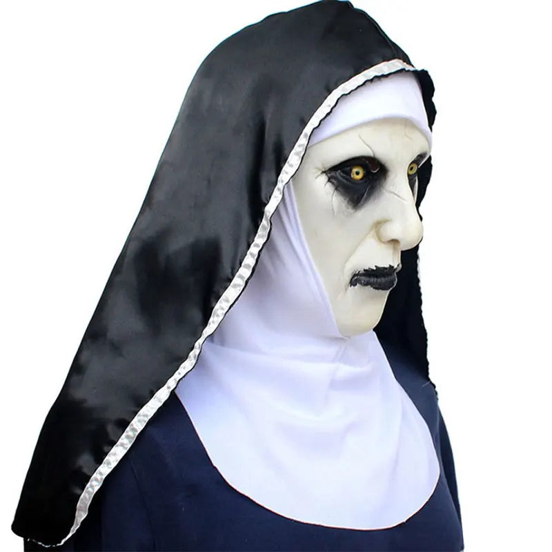 Creepy latex nun mask Valak with attached head covering  for Halloween cosplay