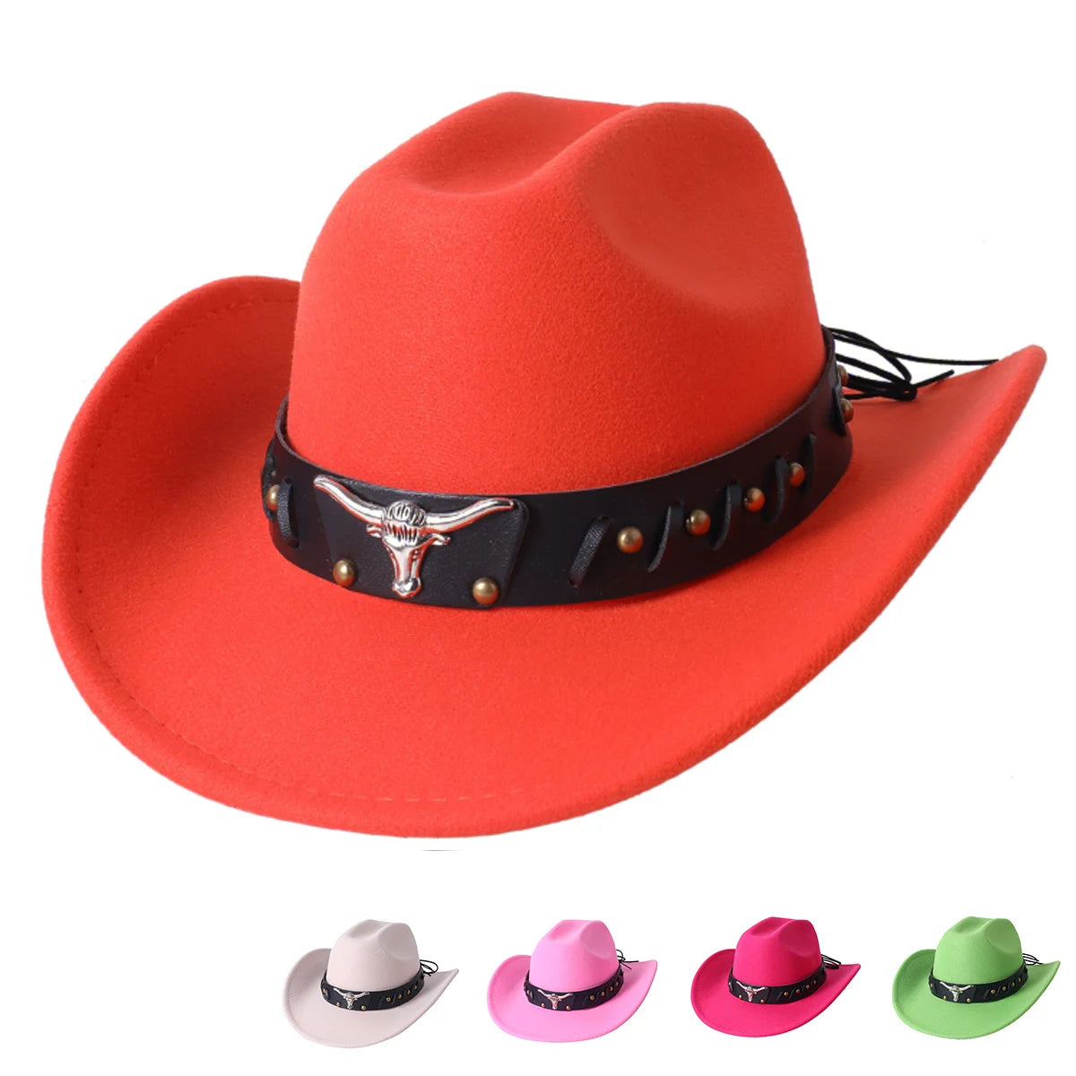 Cowboy Hat Fashion Chic Unisex Solid Color Jazz Hat With Bull Shaped Decor Western Cowboy Hats