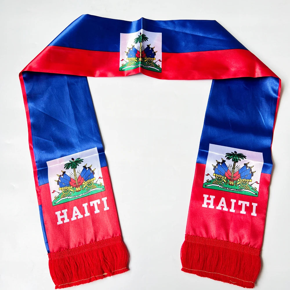2026 Flag Scarf14x135cm Double-sided Printed Satin Haiti Flag Scarf Tassels Suitable for Football, Sports