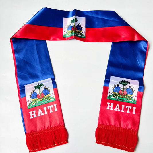 2026 Flag Scarf14x135cm Double-sided Printed Satin Haiti Flag Scarf Tassels Suitable for Football, Sports